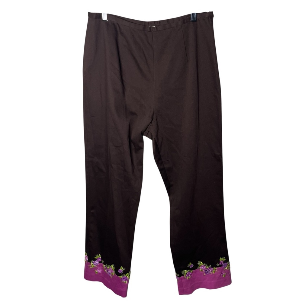 Jade Melody Tam Chocolate Brown Pink Beaded Embroidered Trim Cropped Ankle Pants